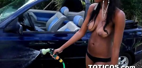  Topless Dominican teen Barbie washes Volkswagen with the top down